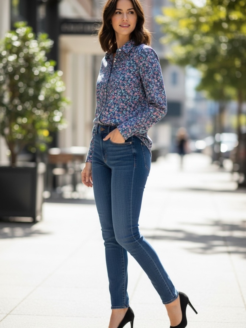 Lands’ End Blue Pink Ditsy Floral Print Supima Cotton Button Down FeminineTop 12